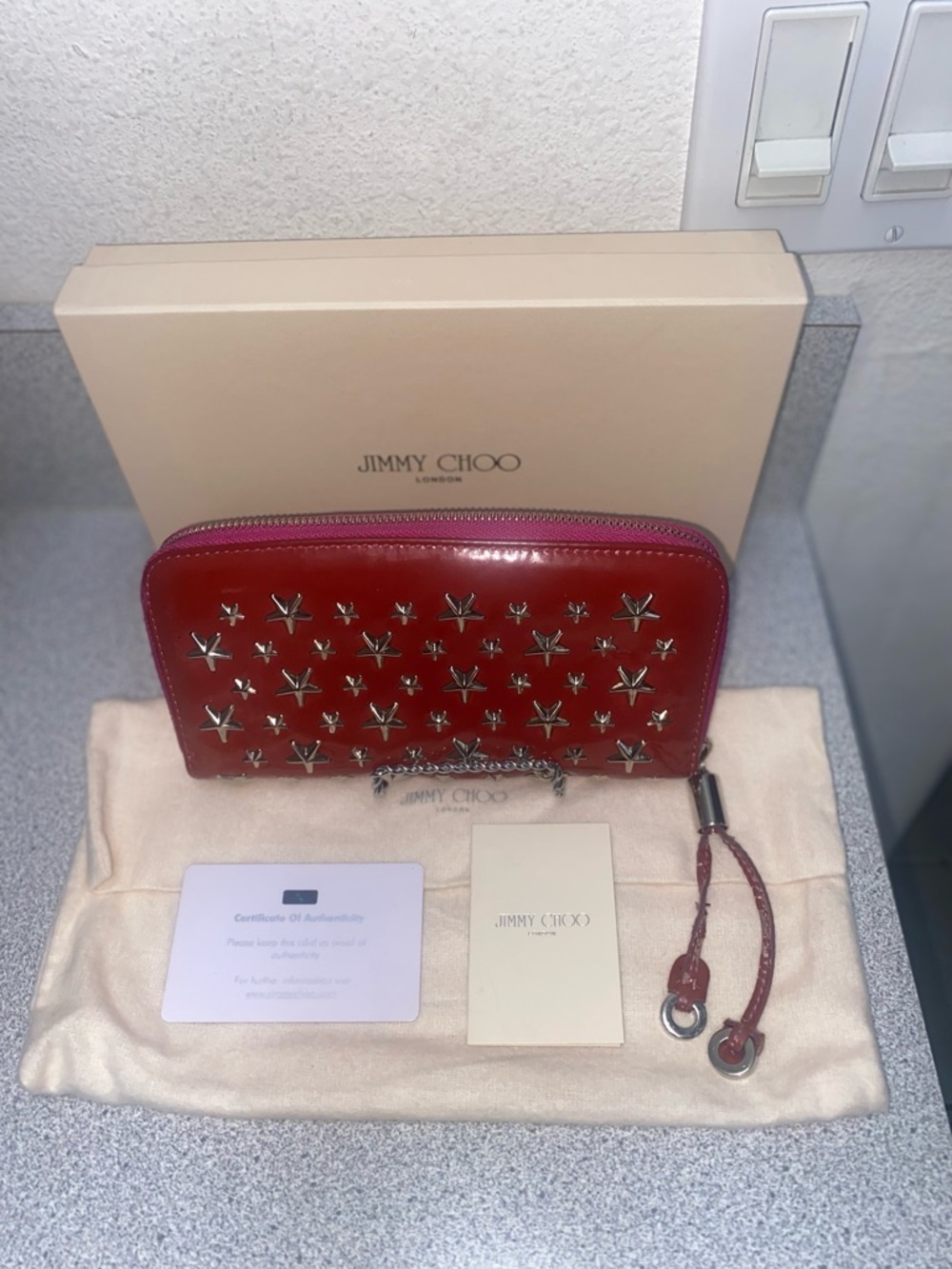 Red Jimmy Choo Silver Star Studded Long Leather Wallet EUC All Inclusive